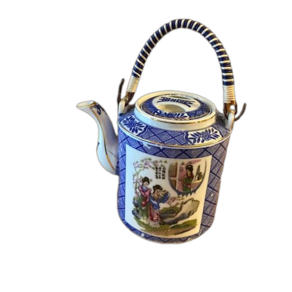 Vintage Yamayo Japanese Blue and White Teapot with Lid bamboo handle